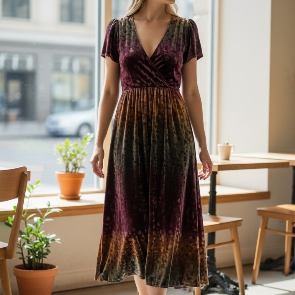 Johnny Was Plum and Olive Whimsihoth Ombre Velvet Wrap Midi Dress